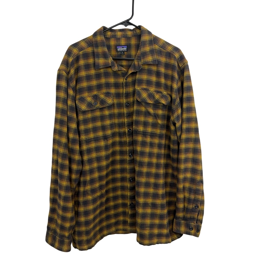 Patagonia Fjord Flannel Mens XL Yellow Brown Plaid Organic Cotton Button Down